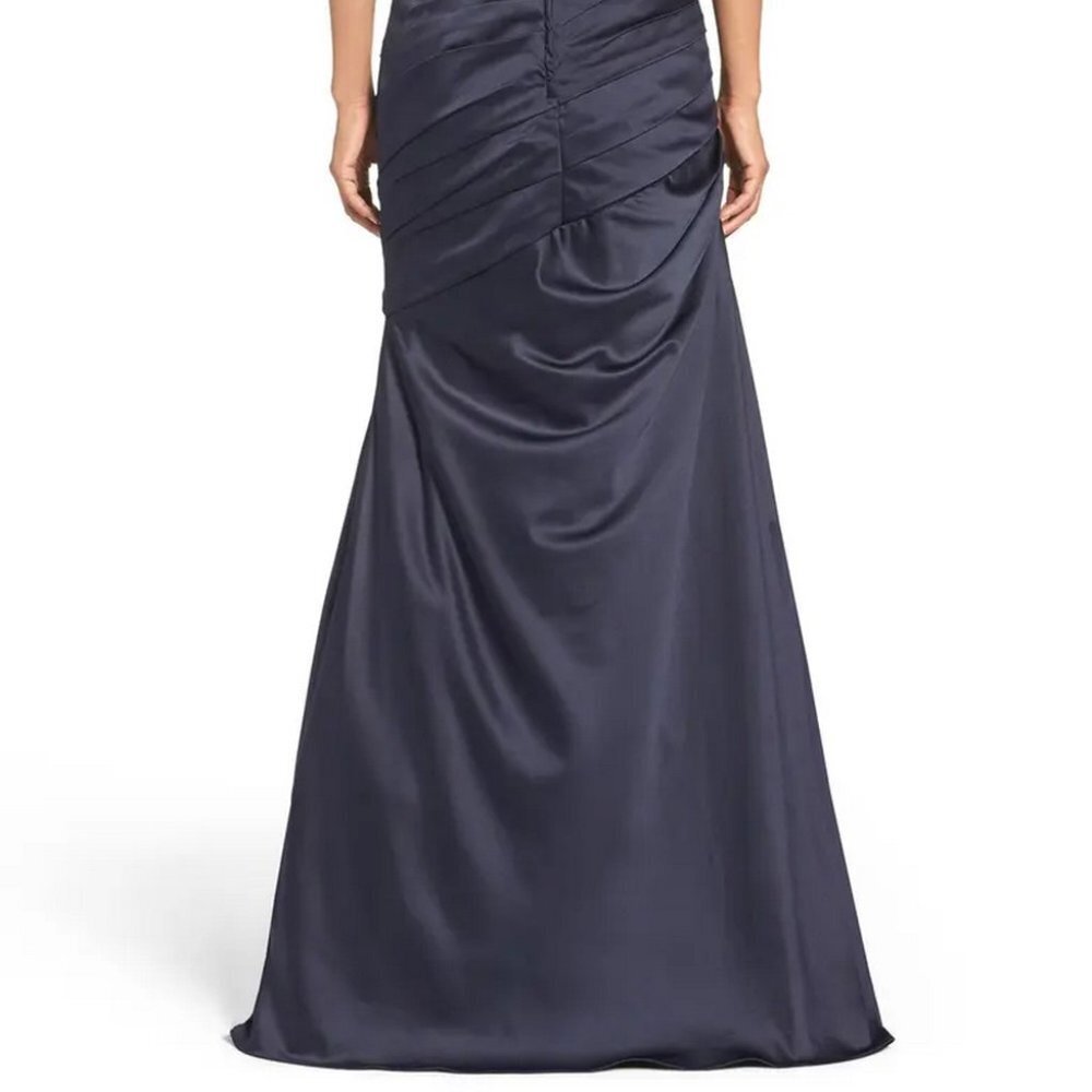La Femme Navy Blue Embellished Lace & Satin Trumpet Gown - Picture 4 of 7